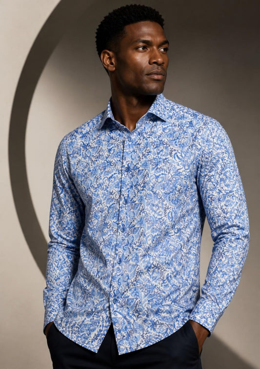 Wilson & Sloane 100% Cotton Paisley Long Sleeve Shirt — Indigo (3013)