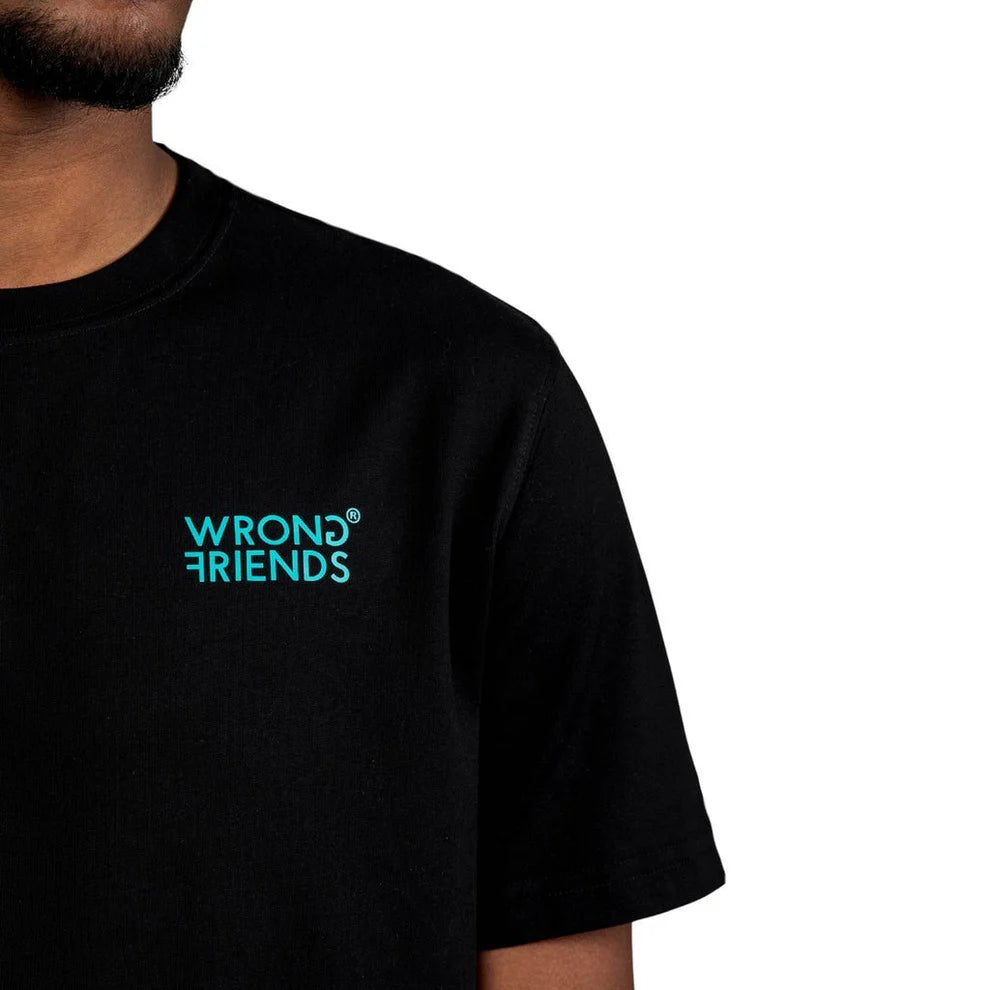 Black Wrong Friends Bellevue T-shirt by Clique, featuring a casual fit and graphic design, displayed on a plain background.