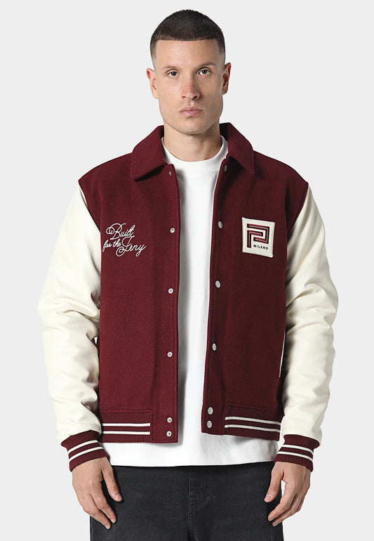 Maroon 883 Police Canyon Varsity Jacket by Clique Kara, casual overshirt with athletic style and contrasting details.