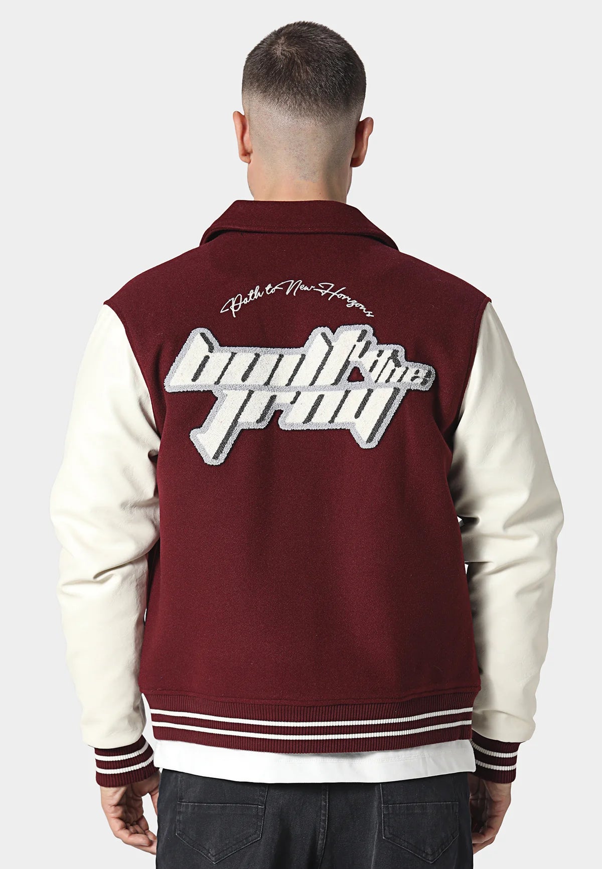 Maroon Canyon Varsity Jacket by 883 Police, Clique Kara, showing its stylish overshirt design with contrasting details.