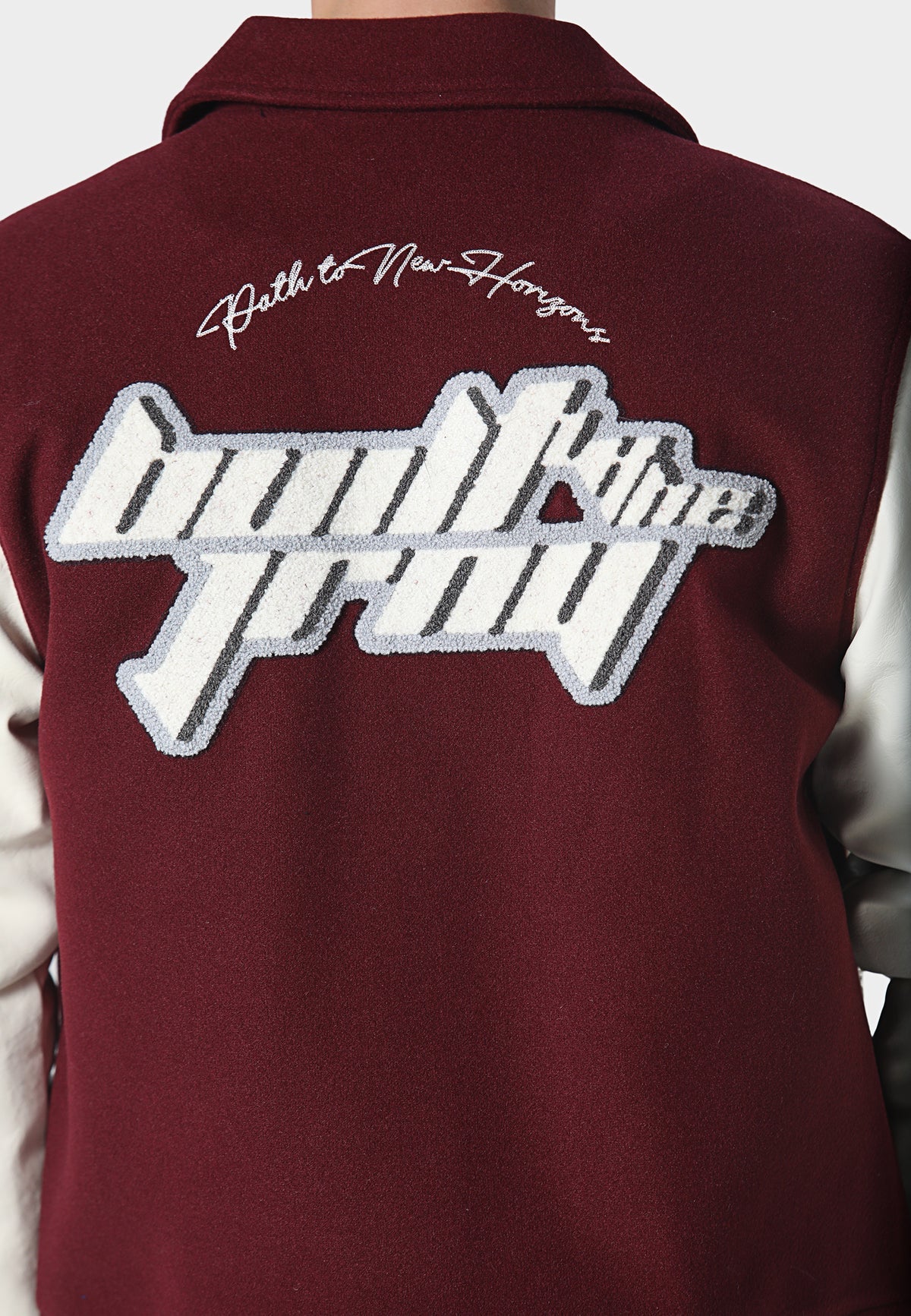 Maroon Canyon Varsity Jacket by Clique Kara, 883 Police overshirt with sporty design and ribbed cuffs, shown on a plain background.