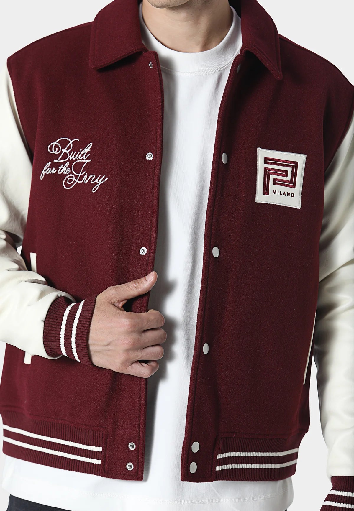 Maroon Canyon Varsity Jacket by 883 Police, Clique Kara, showing a stylish overshirt with white accents and a casual varsity design.