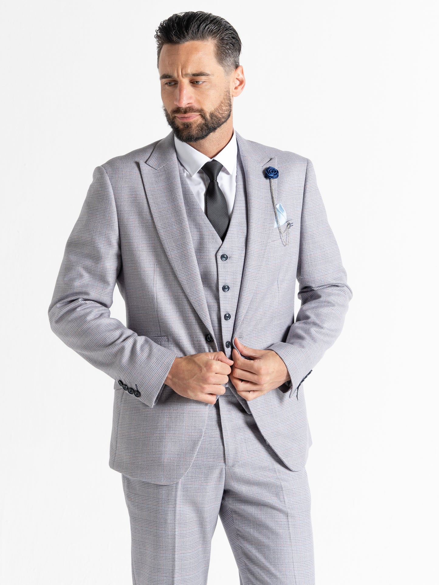 V2 CLASSIC Charles – Soft Tweed Three Piece Suit | Light Grey - Product Details V2CSC23166