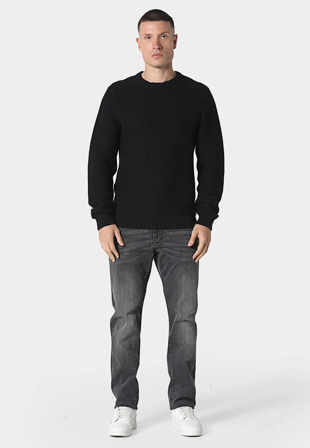 Clique Kara 883 Police Evaron textured black crew neck knit jumper, styled as a cozy overshirt with detailed knit pattern.
