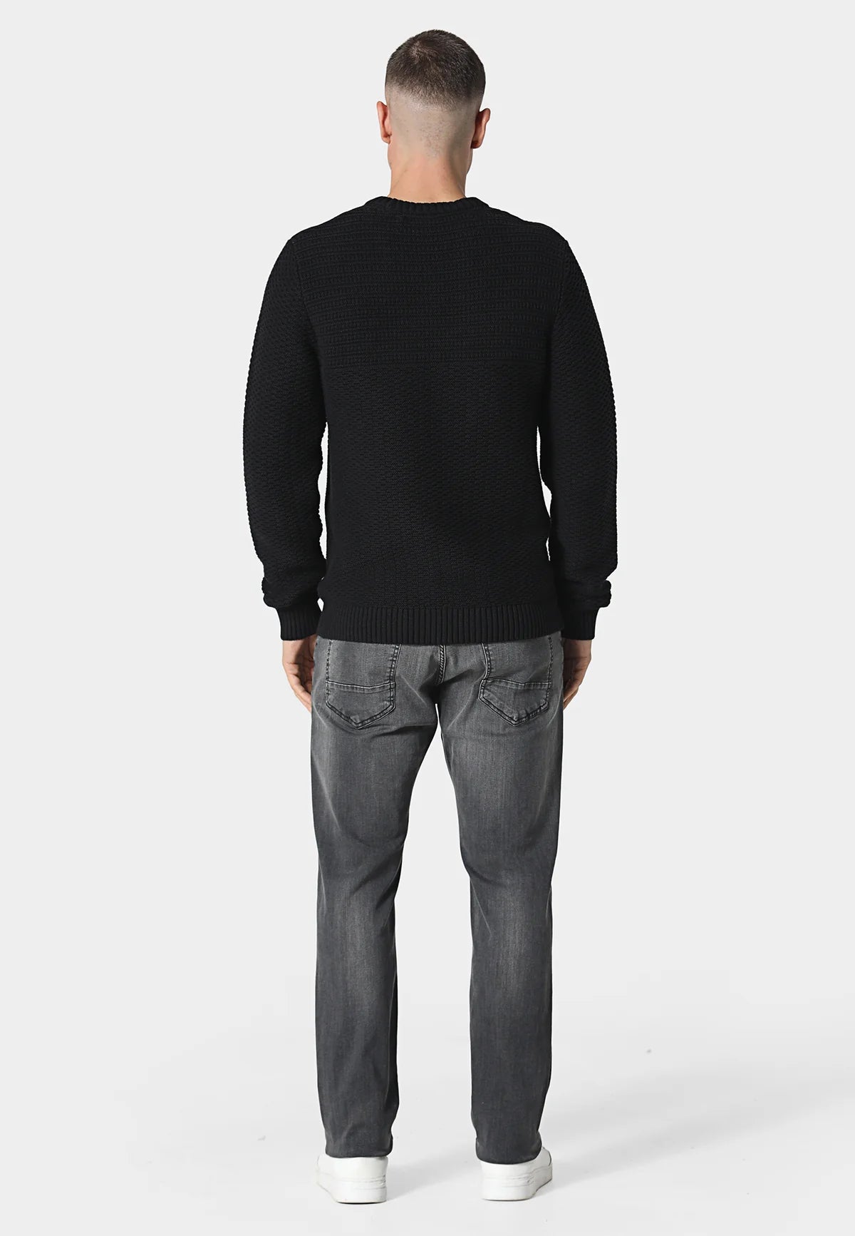 Black 883 Police Evaron textured crew neck knit jumper as a stylish overshirt from Clique Kara, featuring detailed knit pattern.