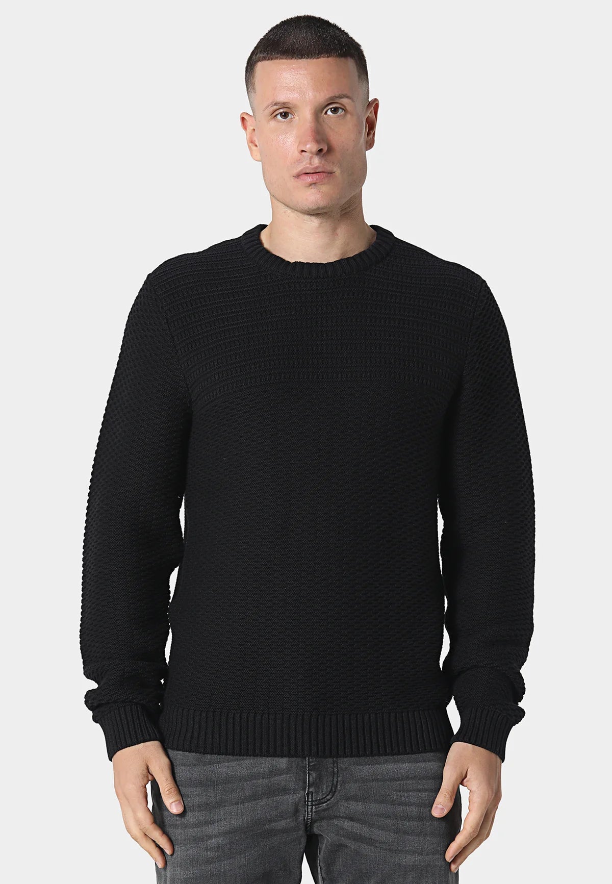 Black Evaron textured crew neck knit jumper by Clique Kara, styled as a casual overshirt with detailed knit pattern.