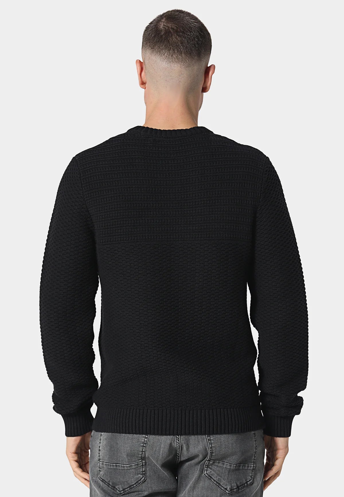 Black 883 Police Evaron textured crew neck knit jumper, stylish overshirt by Clique Kara, displayed on a neutral background.