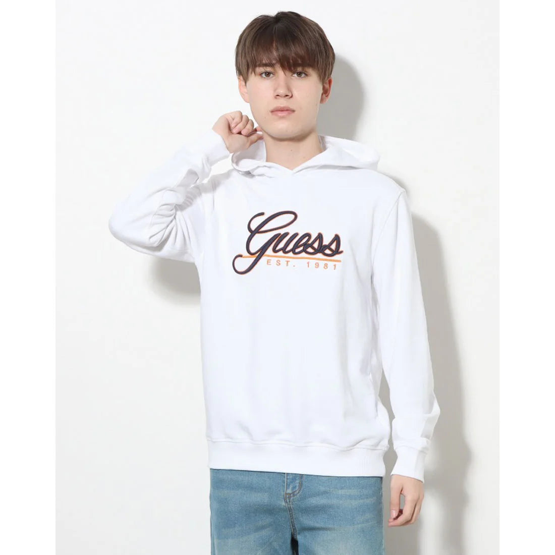 GUESS Logo Beau Hoodie Sweatshirt | White / Blue / Orange - M1RQ37K6ZS1 - H9C9