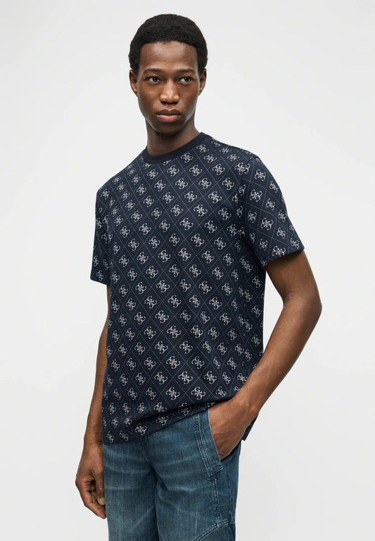 Navy GUESS jacquard short sleeve T-shirt with subtle textured pattern, men's size M, displayed on a neutral background.