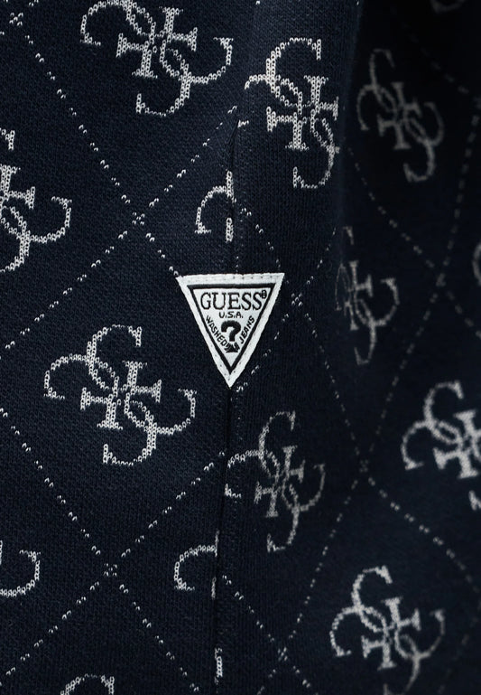 Navy GUESS jacquard short sleeve T-shirt with subtle textured pattern, displayed flat on a white background.