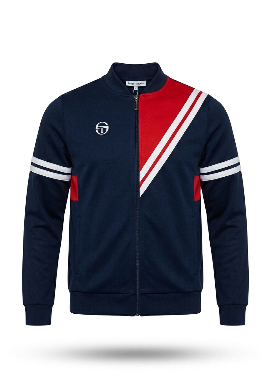 Clique Sergio Tacchini New Reno Track Top in maritime blue, adrenaline rush, and white, shown in a stylish front view.