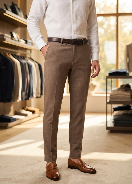 Giordano Ostuni shell brown trousers displayed on a model, showcasing the stylish and comfortable casual fit.