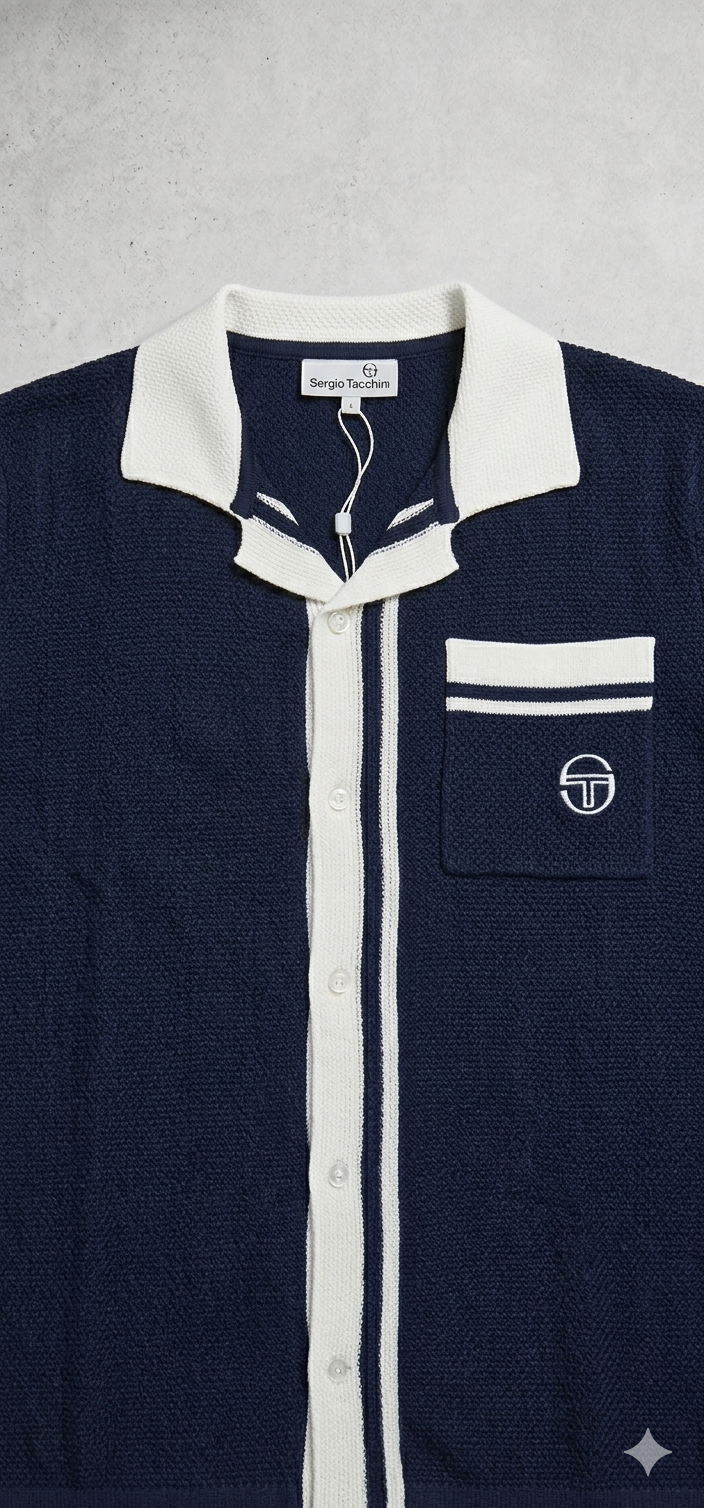 Maritime blue and gardenia crochet knit shirt by Sergio Tacchini Fratelli, featuring detailed crochet pattern and classic style.