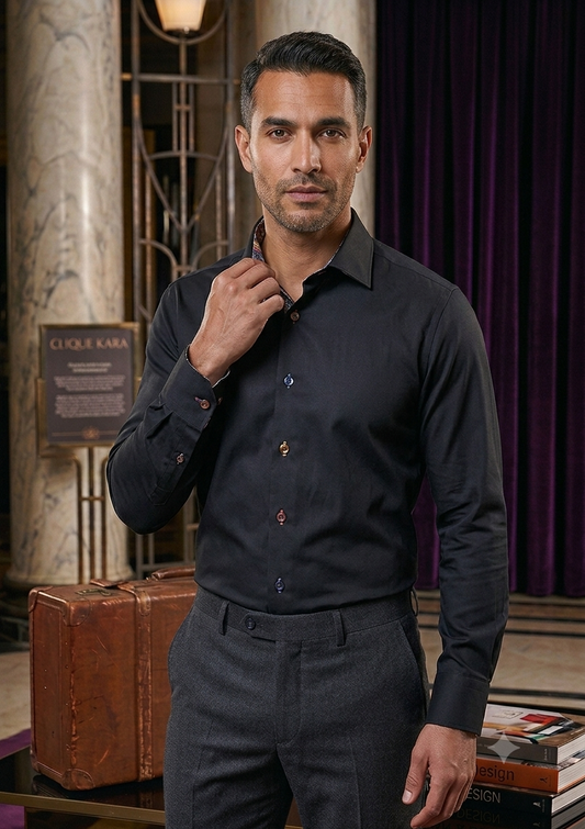 GIORDANO - Classic Black Shirt with Paisley Trim | Black - 627812-45