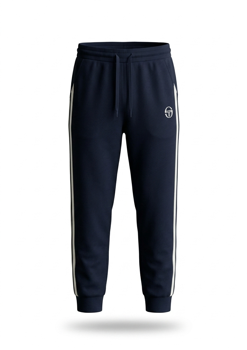 Black Sergio Tacchini New Ghibli track pants by Clique, featuring a relaxed fit and sporty design, shown on a model.