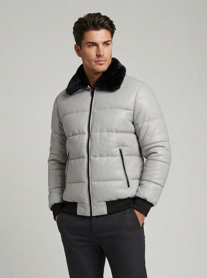 KYMAXX Quilted PU Puffer Bomber Jacket - Ice Grey (Style 5151-52)