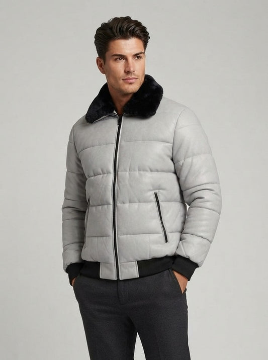 KYMAXX Quilted PU Puffer Bomber Jacket - Ice Grey (Style 5151-52)