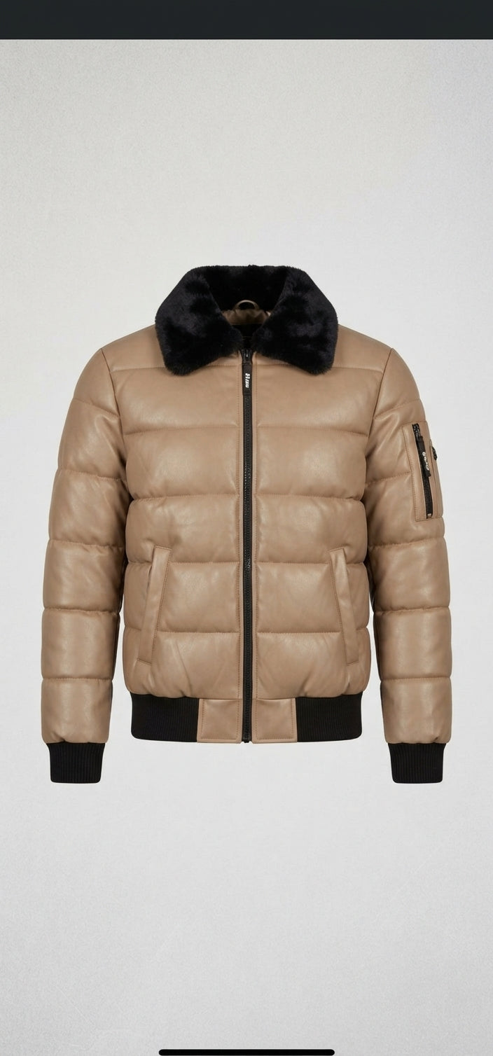 KYMAXX Quilted PU Puffer Bomber Jacket - Beige (Style 5448-212)