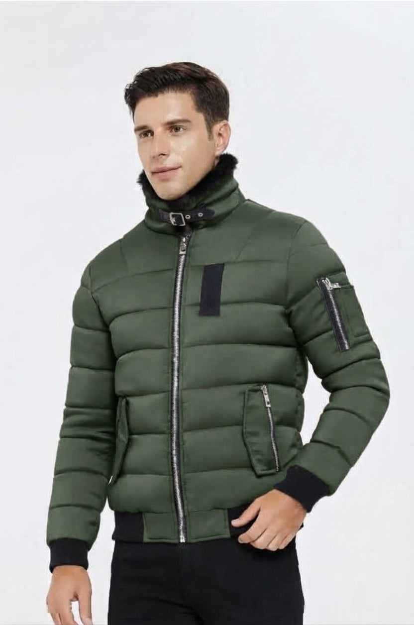 KYMAXX Fur Collar Down Jacket | Moss Green- 271-58