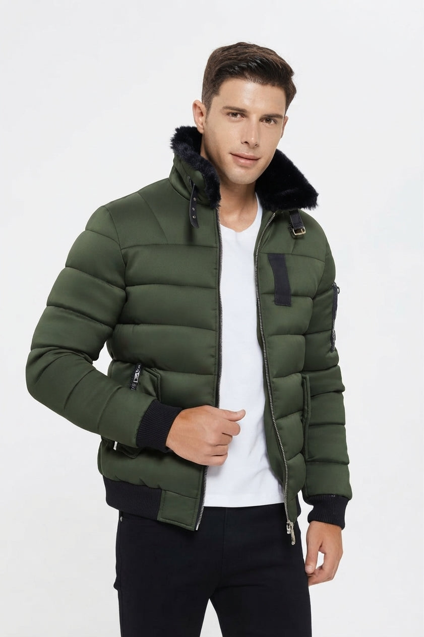 KYMAXX Fur Collar Down Jacket | Moss Green- 271-58
