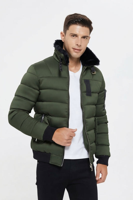 KYMAXX Fur Collar Down Jacket | Moss Green- 271-58