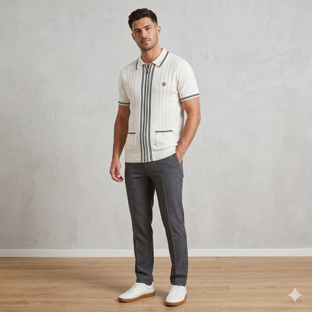 White Gabicci Geller short sleeve zip polo shirt by Clique, featuring a full zip front and classic knit design.