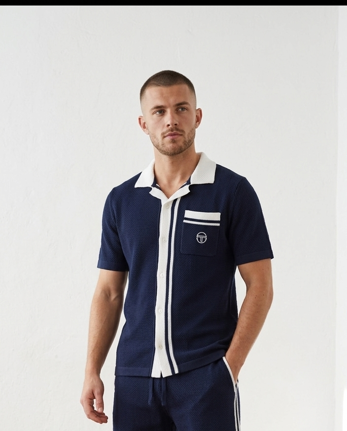 Sergio Tacchini Fratelli crochet shirt in maritime blue and gardenia, knitwear with intricate crochet pattern, designed by Clique.