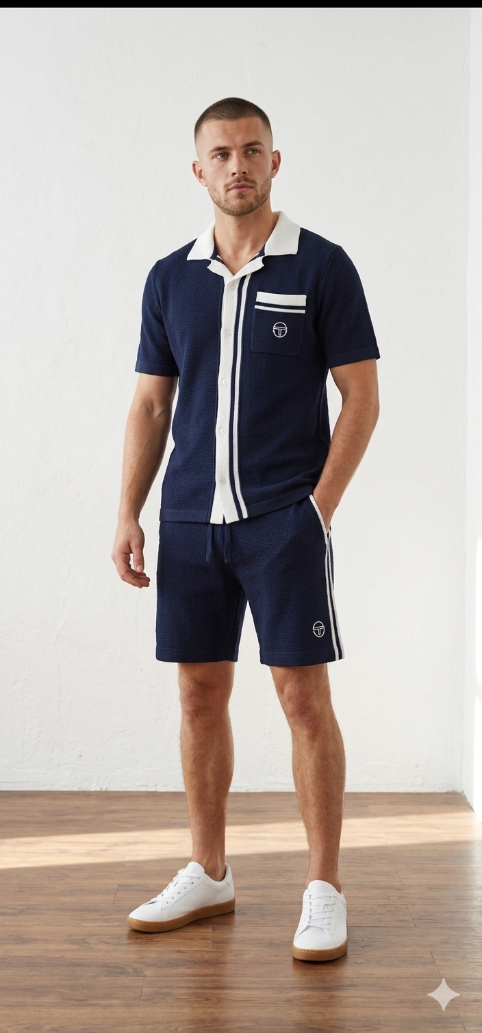 Clique Sergio Tacchini Fratelli crochet short set in maritime blue and gardenia, featuring a stylish short set with crochet details.