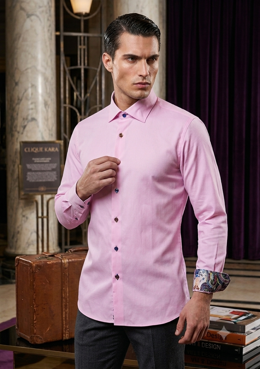 Light pink Giordano classic cotton shirt displayed on a hanger, showcasing a clean, tailored fit and smooth fabric.