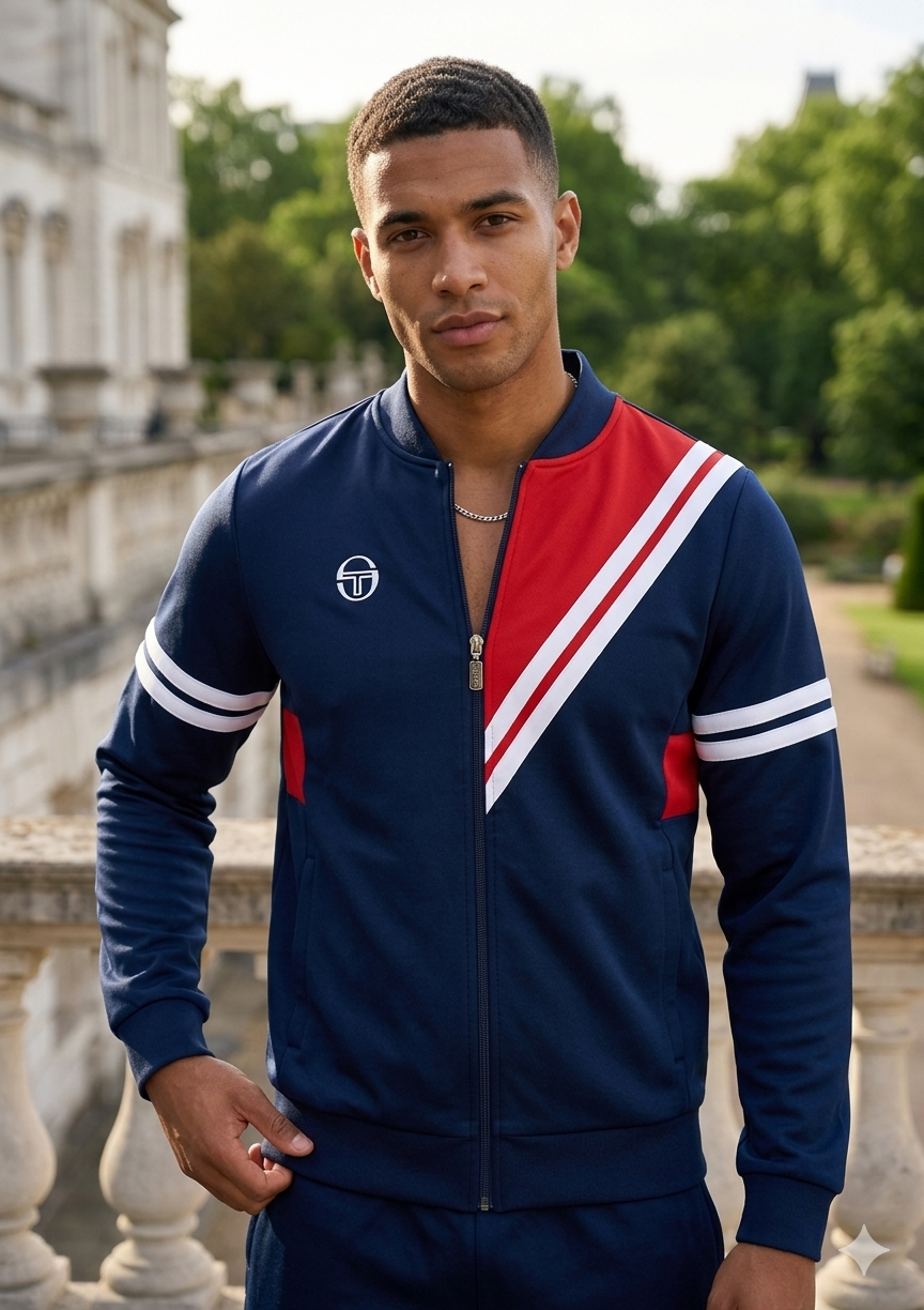 Clique Sergio Tacchini New Reno Track Top in maritime blue, adrenaline rush, and white, shown on a model.