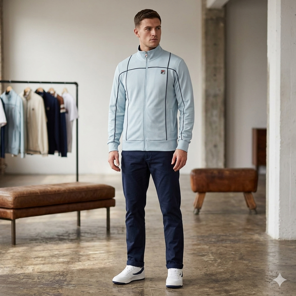 FILA Armando Contrast Piping Tack Top from Clique, navy and skyway color, stylish sweats and joggers with contrast piping detail.