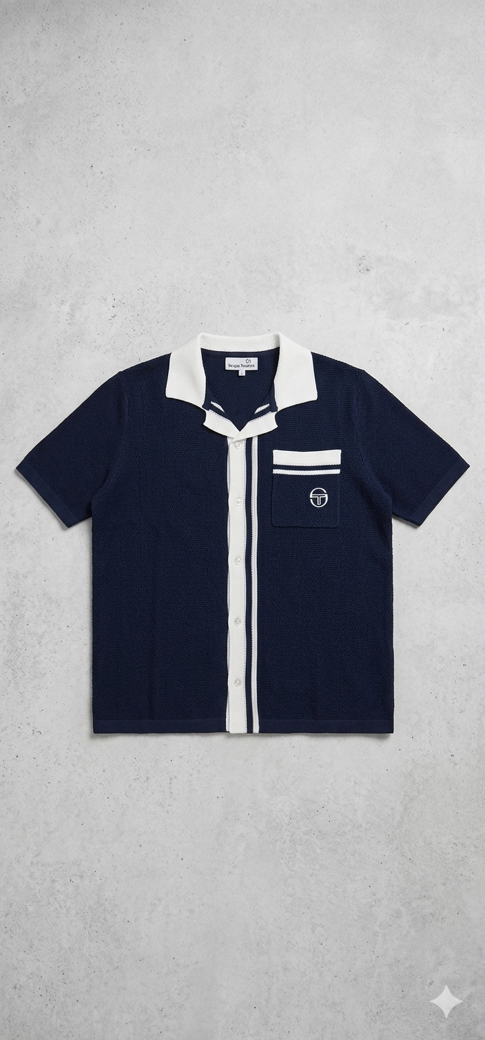 Sergio Tacchini Fratelli crochet knitwear shirt in maritime blue and gardenia, stylish casual top with intricate crochet pattern.