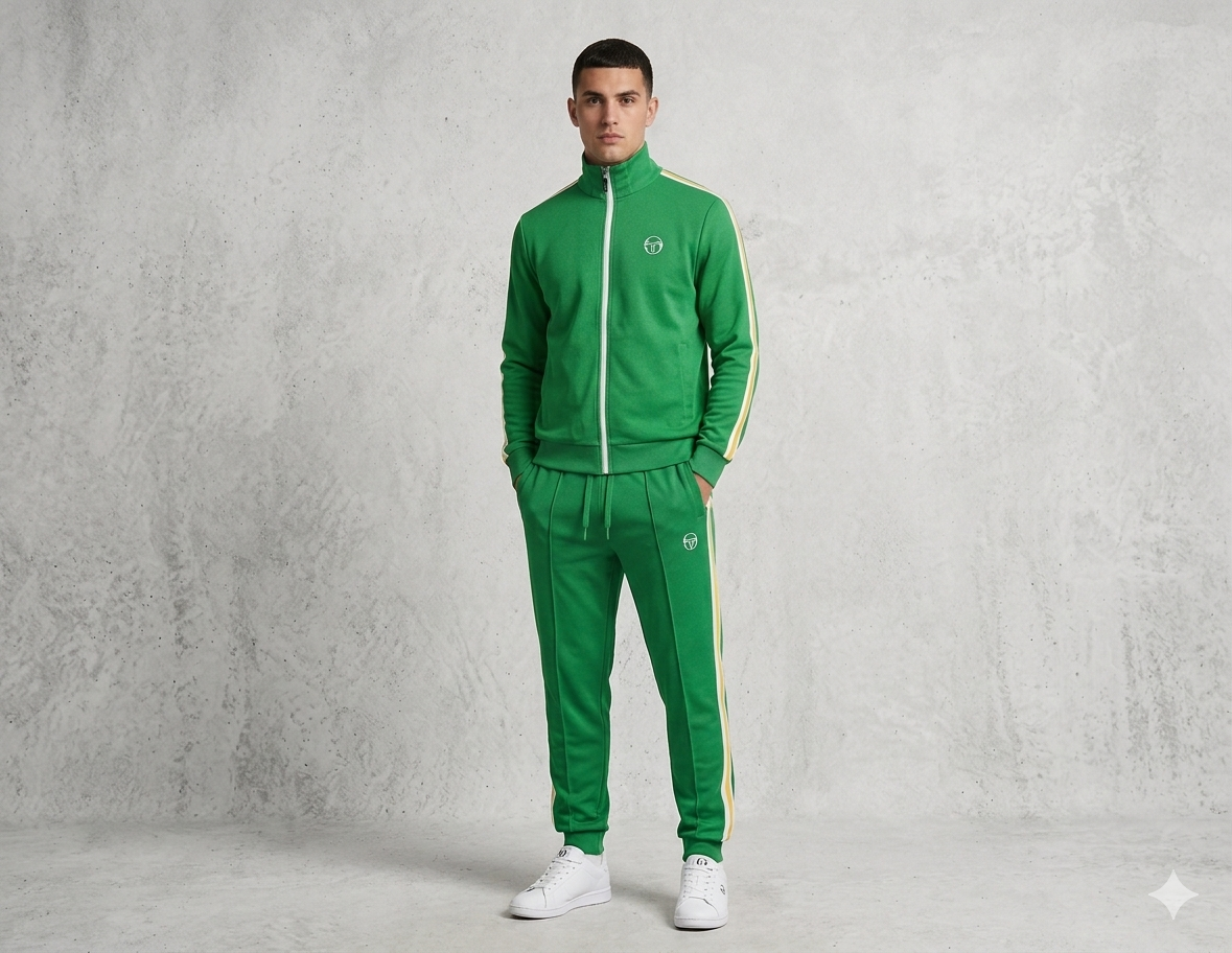 Clique Sergio Tacchini Franco track pants in fern green and white, featuring sporty jogger style and elastic cuffs.