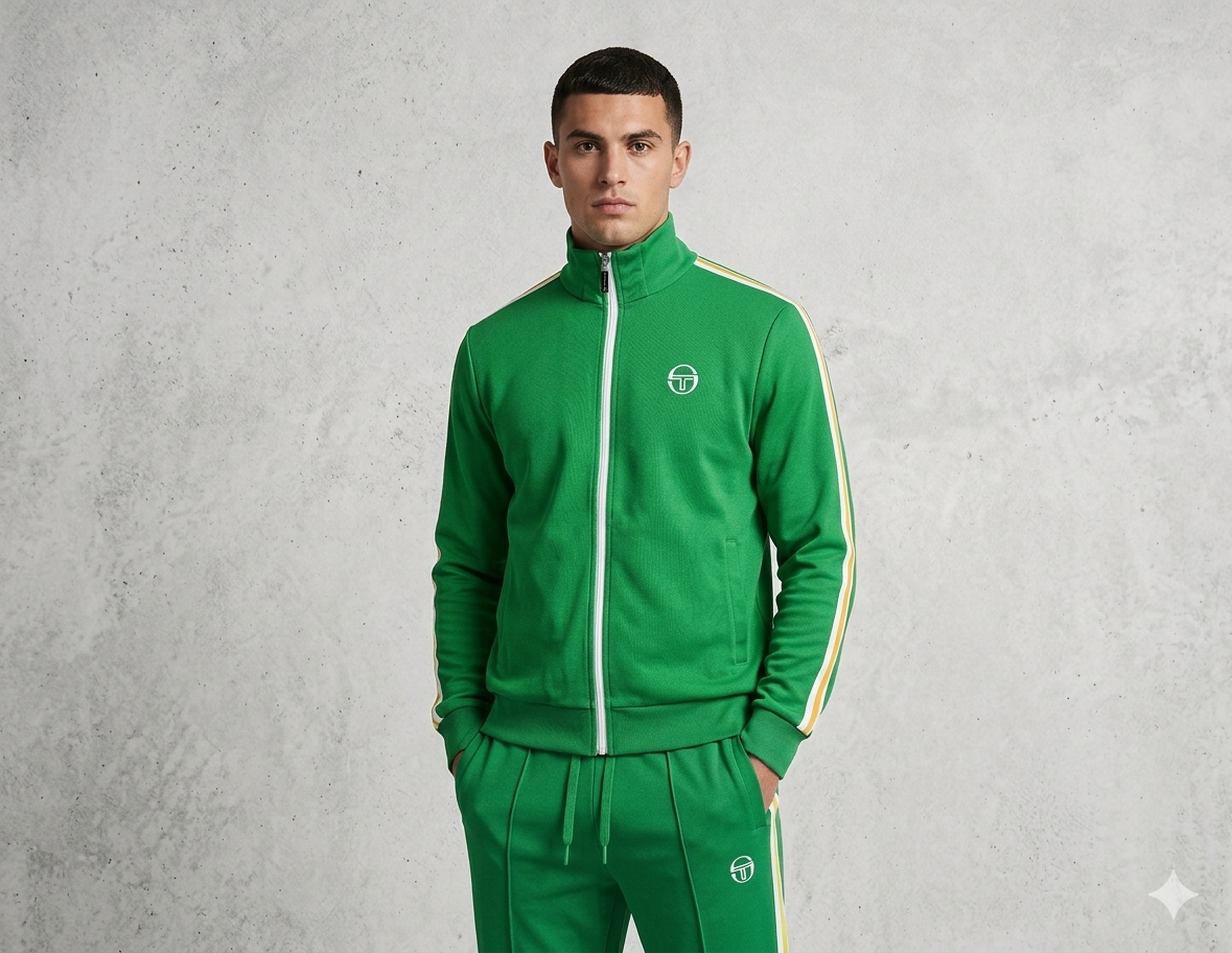 Fern green and white Sergio Tacchini Franco track top by Clique, featuring a stylish athletic design and logo details.