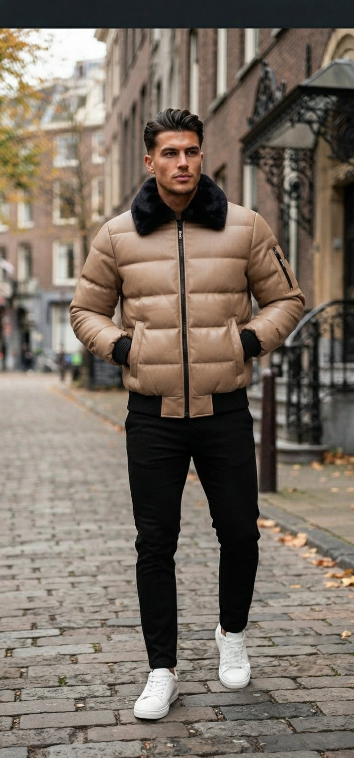 KYMAXX Quilted PU Puffer Bomber Jacket - Beige (Style 5448-212)