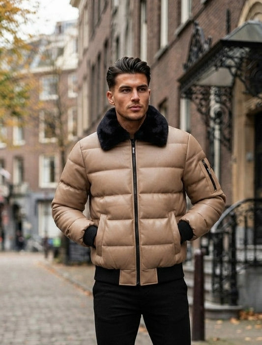 KYMAXX Quilted PU Puffer Bomber Jacket - Beige (Style 5448-212)
