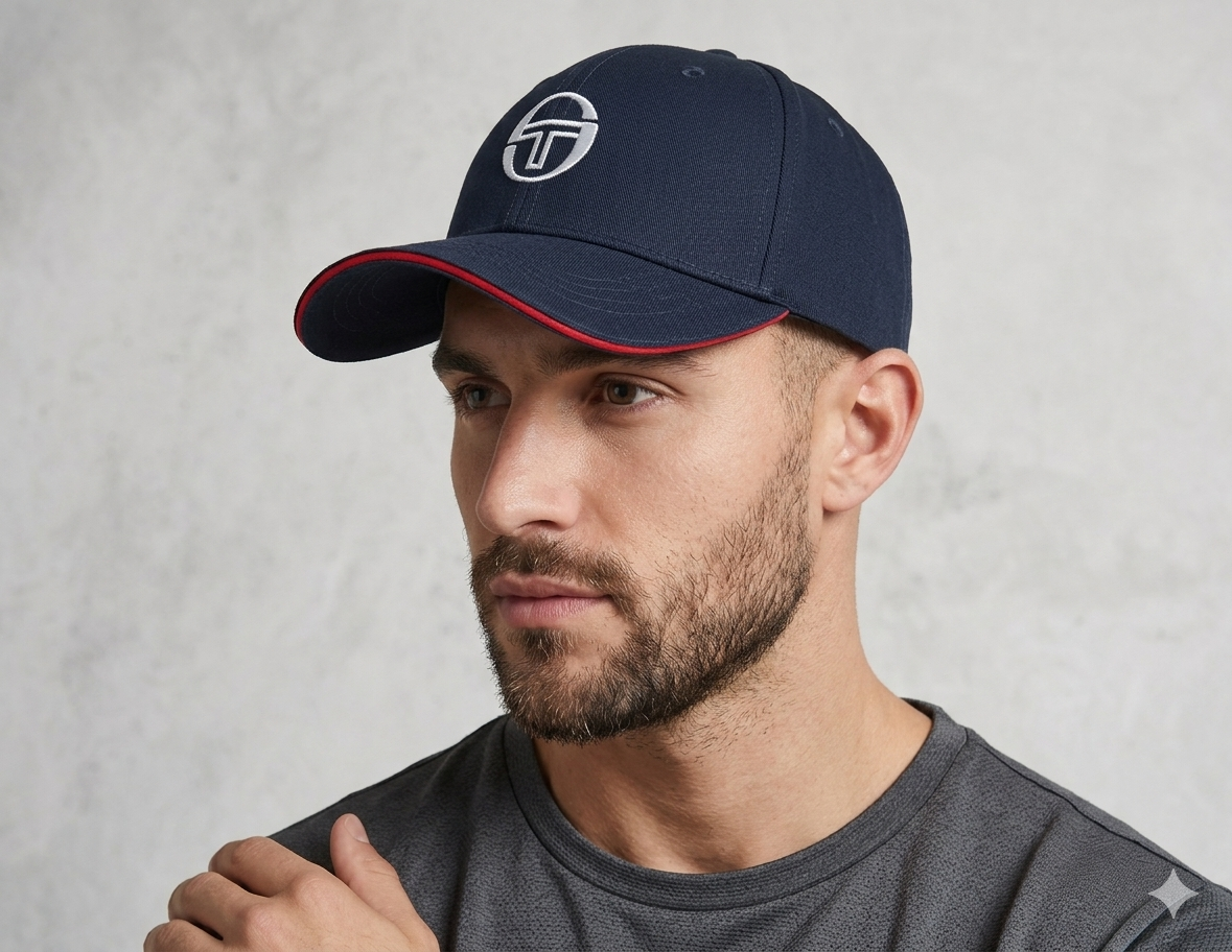 Clique Sergio Tacchini Cortona peaked cap in maritime blue and white, featuring a classic cap design with logo detailing.