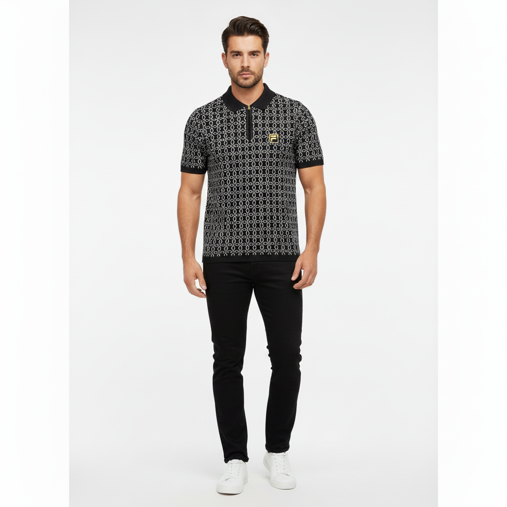 FILA - Jackson Jacquard Knitted Gold Zip Polo Shirt | Black - FW25MG004 001
