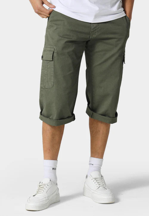 Clique 883POLICE Hykeham Cargo Shorts in khaki, featuring multiple pockets and a relaxed fit for casual wear.
