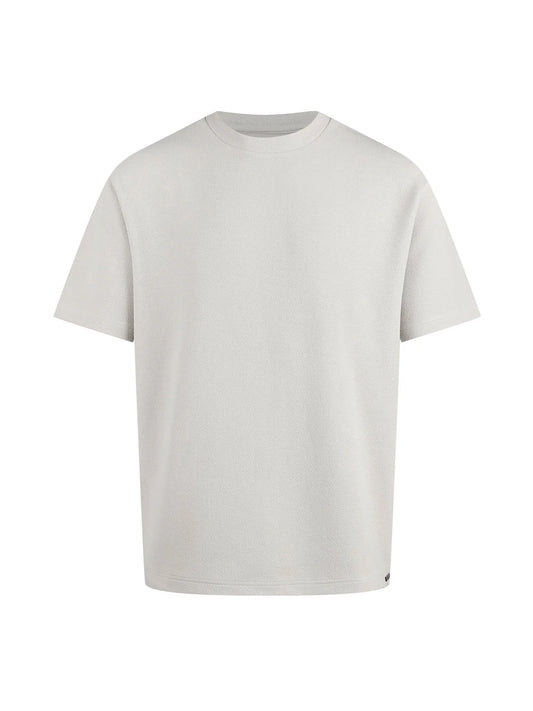 Luke 1977 Mykynos men's ice grey crinkle textured T-shirt with short sleeves and crew neckline, casual style, front view.