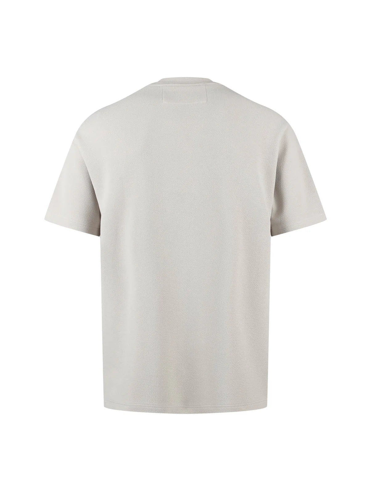 Luke 1977 Mykynos men's crinkle textured T-shirt in ice grey, shown with a close-up of the soft fabric and relaxed fit.