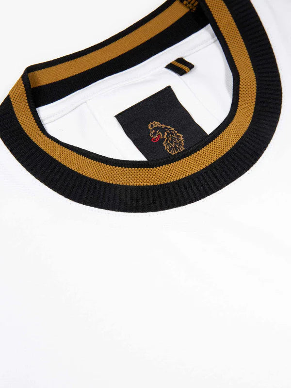 Ice grey and black Luke 1977 Coron T-Shirt by Clique, featuring gold accents, displayed on a plain background.