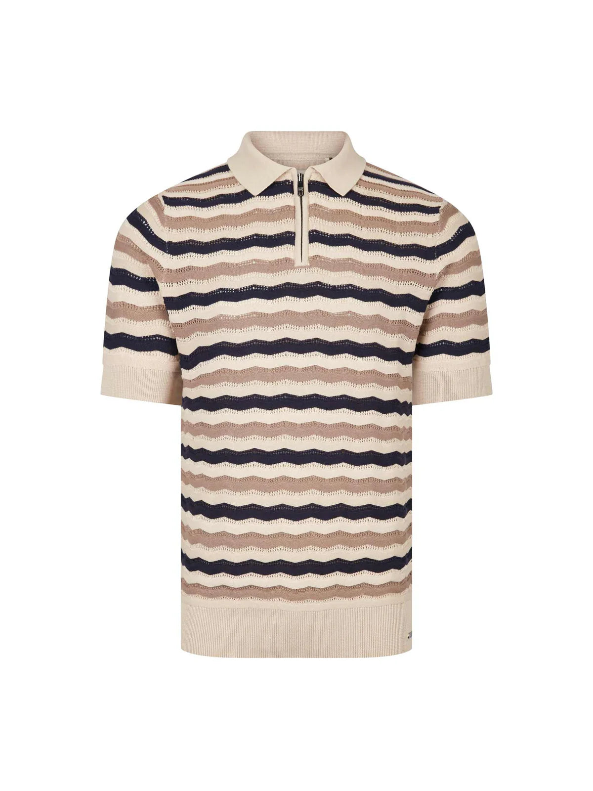 Luke 1977 Maughold textured knit polo shirt in navy, tan, and beige with a classic collar and comfortable knit fabric.