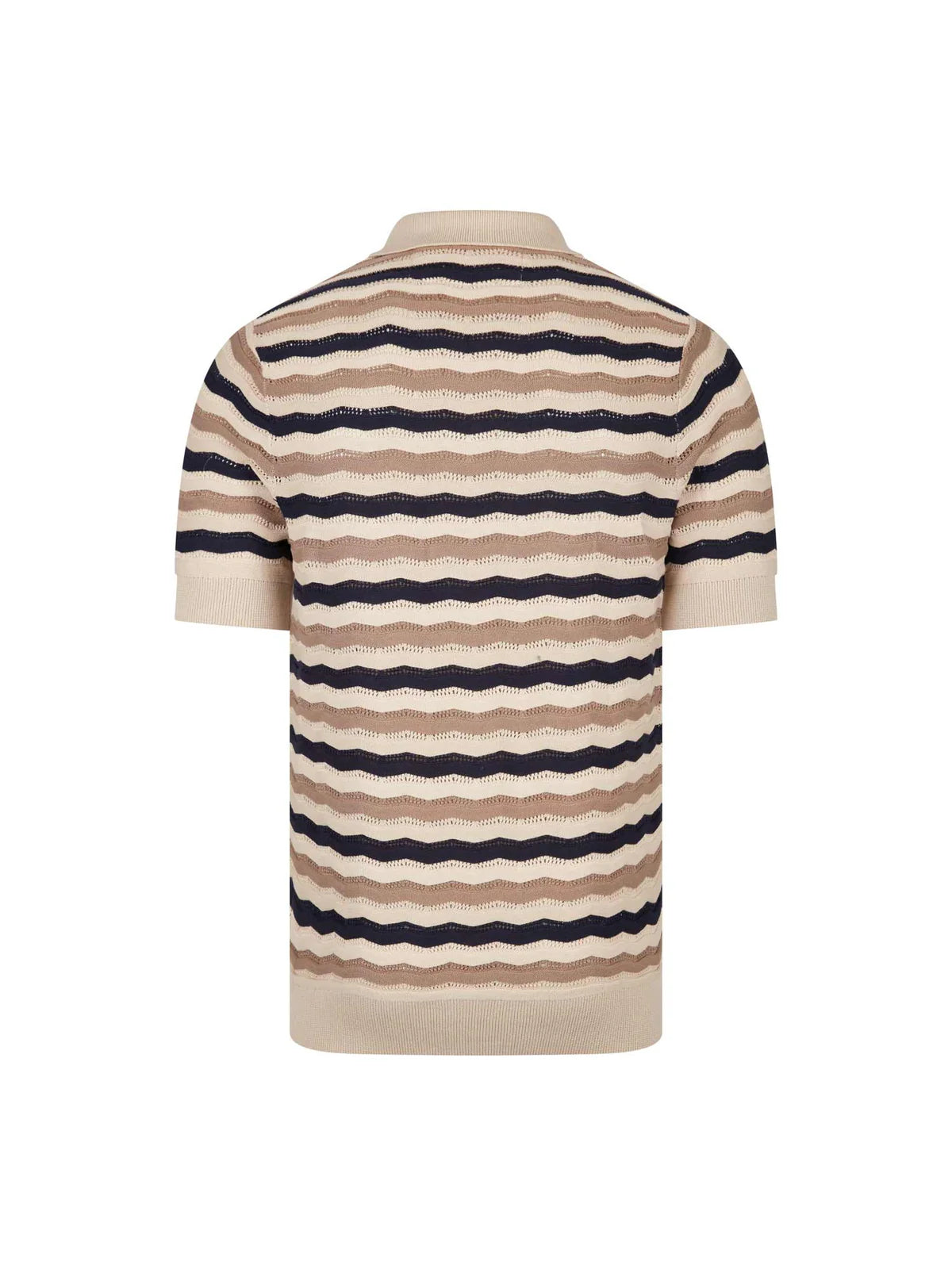 Luke 1977 Maughold textured knit polo in navy, tan, and beige with a classic collar and button front, featuring a subtle knit pattern.