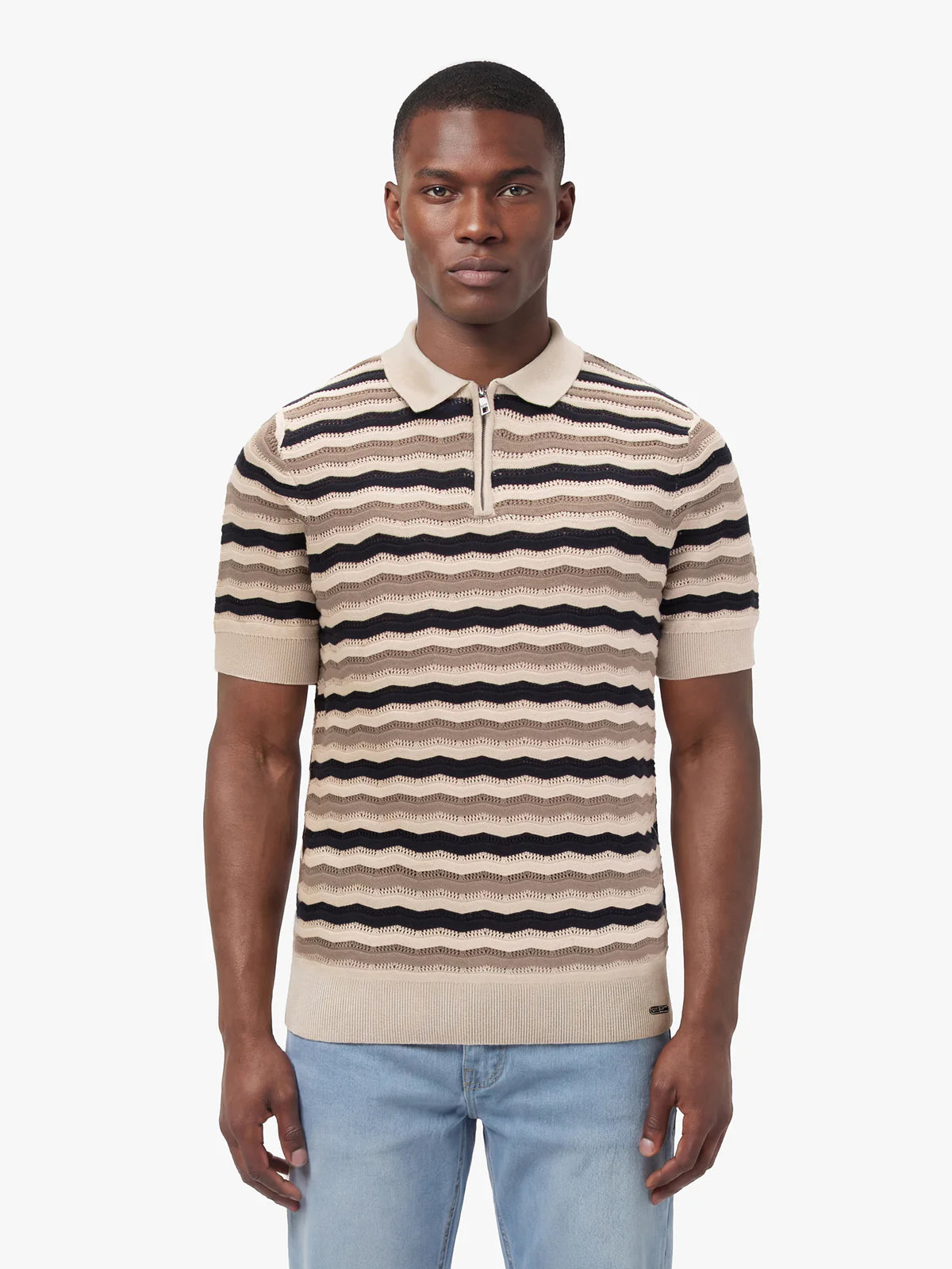 Luke 1977 Maughold textured knit polo in navy, tan, and beige featuring zig-zag pattern, made by Clique.