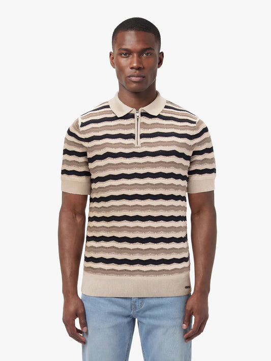 Luke 1977  Maughold Textured Knit Polo | Navy/Tan/Beige - M830608