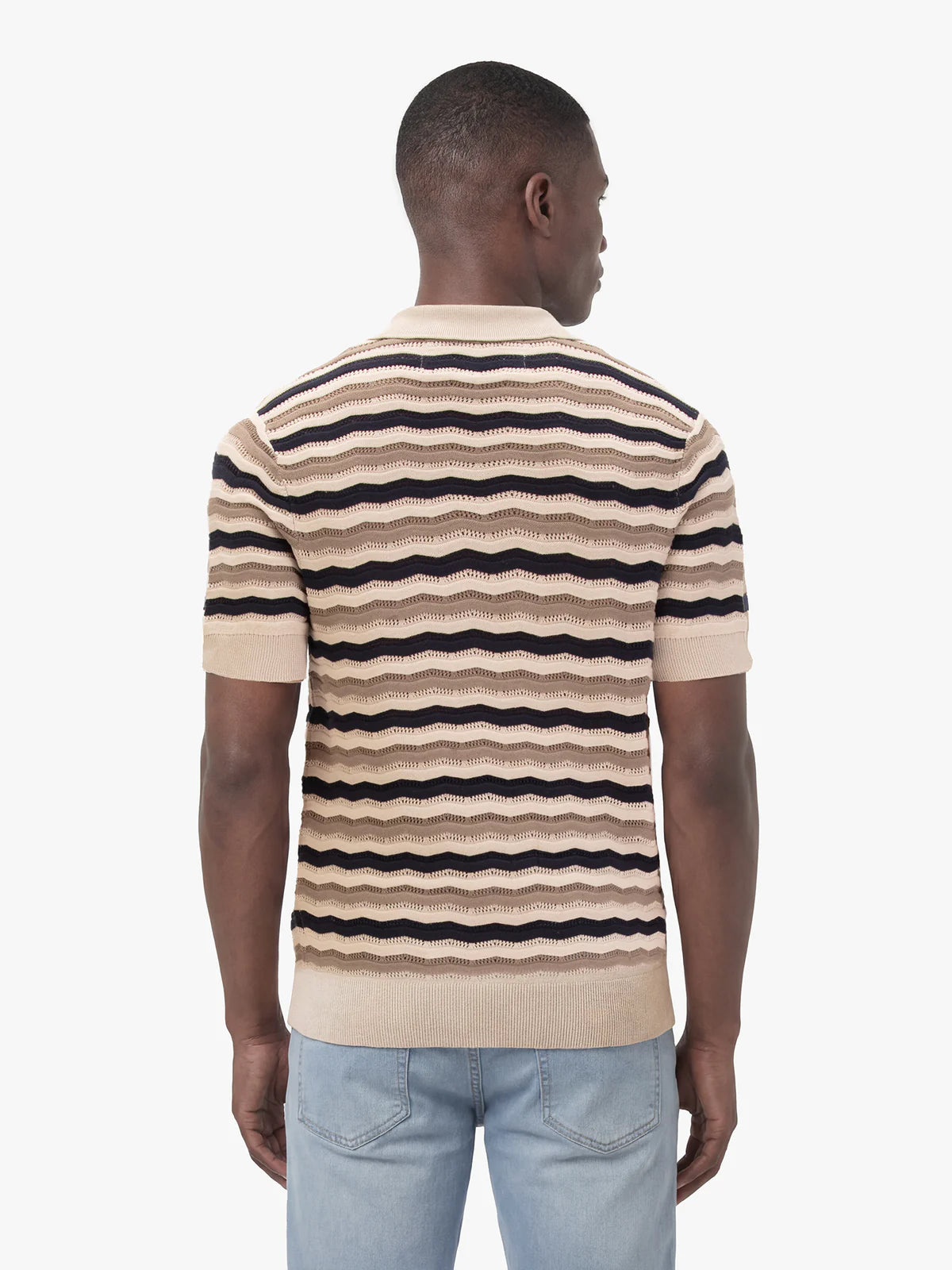 Luke 1977 Maughold textured knit polo shirt in navy, tan, and beige with zig-zag knit pattern, from Clique.