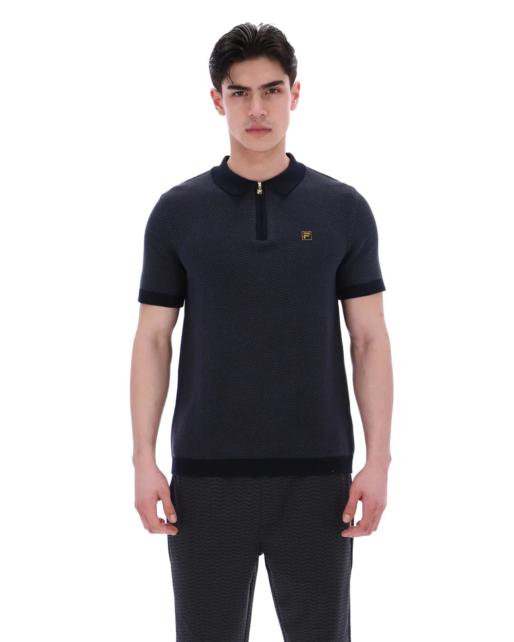 FILA Marty zip polo shirt with herringbone pattern in black and grey, from Clique, featuring a zip collar and stylish design.