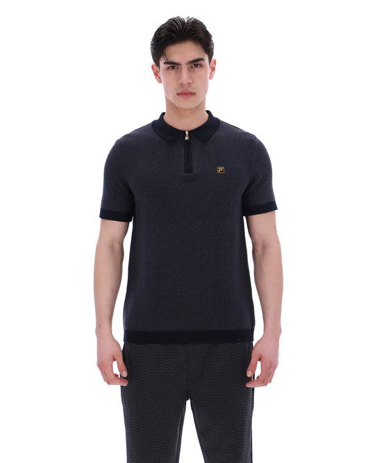 FILA Marty zip polo shirt with herringbone pattern in black and grey, from Clique, featuring a zip collar and stylish design.