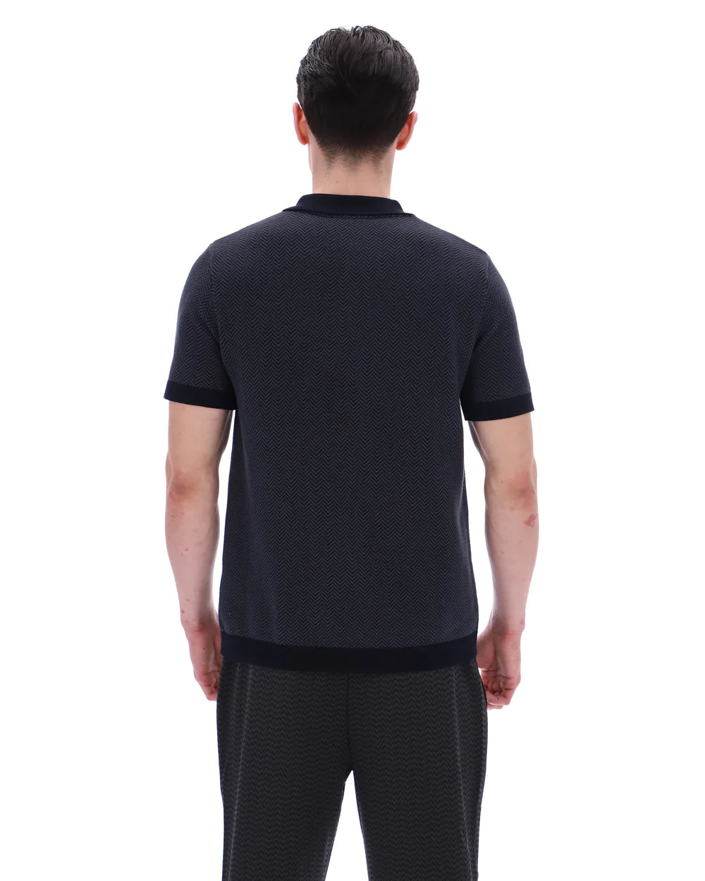 FILA Marty zip polo shirt by Clique in black and grey with herringbone pattern, featuring a front zipper and classic polo collar.